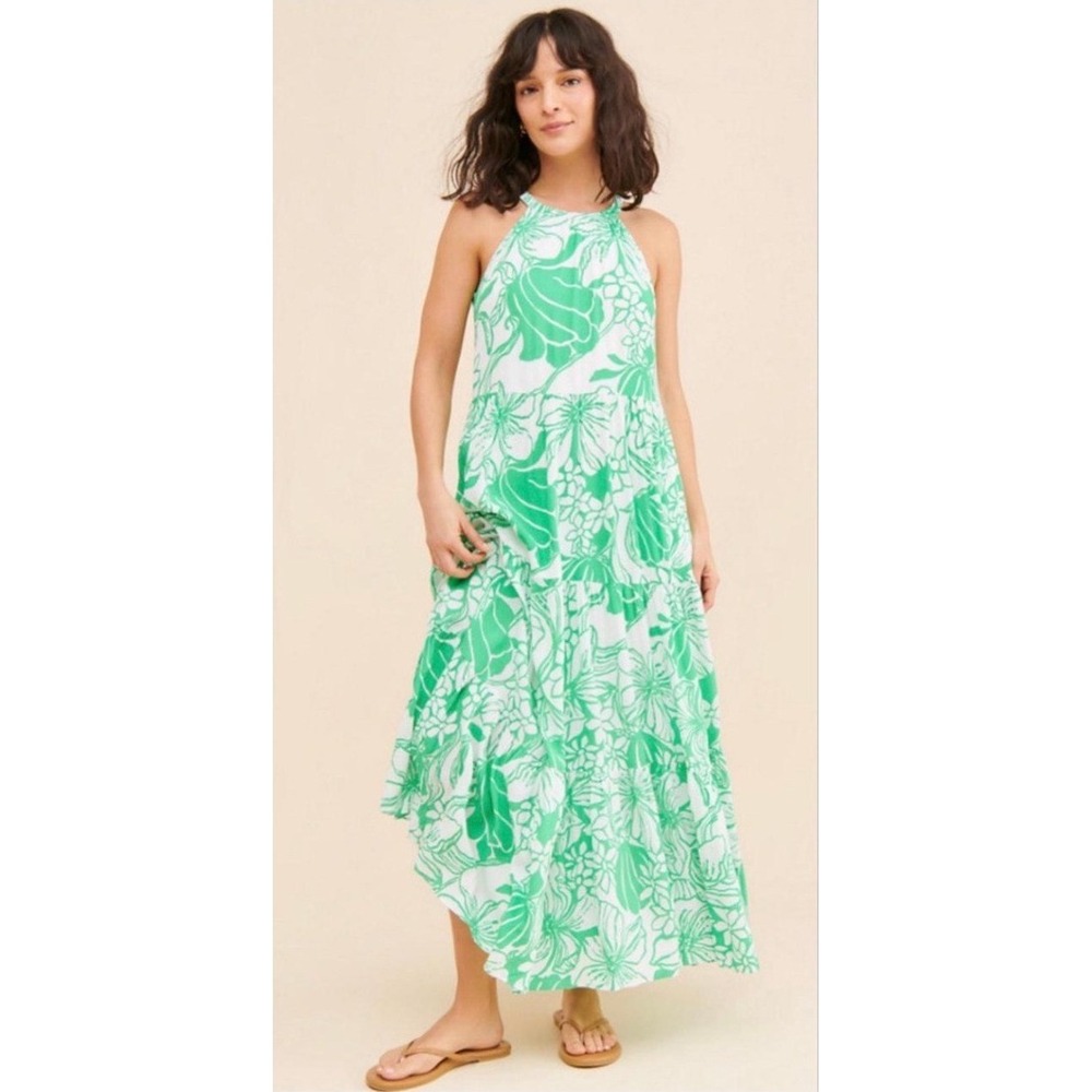 Lilly Pulitzer Beccalyn Halter Maxi Dress Medium or XS Green Tulips Floral Flowy